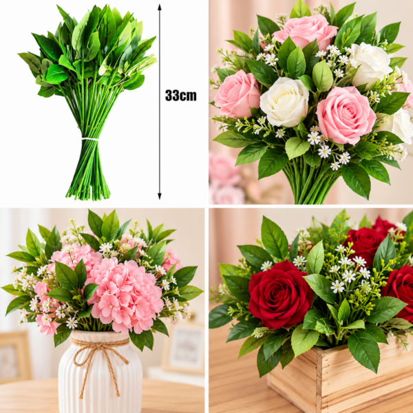TALLO CON HOJAS PARA FLORES - 50 UNIDADES